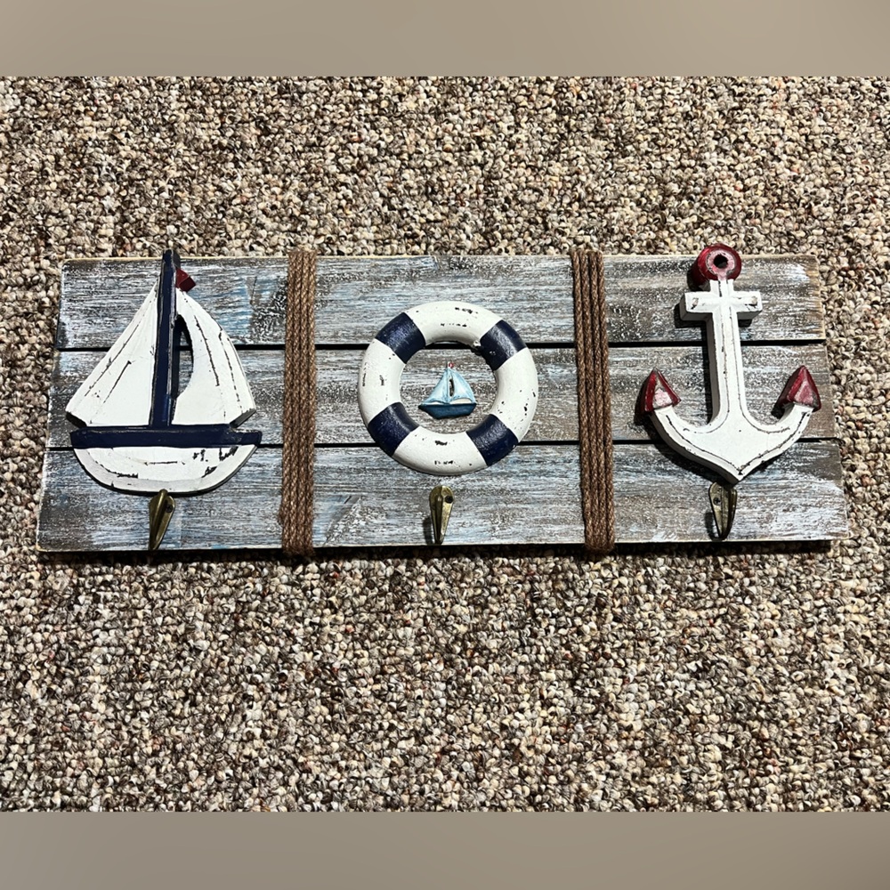 Nautical Wall Hook Decor with Sailboat, Lifebuoy, and Anchor